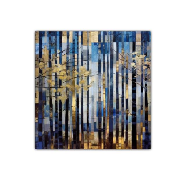 Bosque abstracto con tonos dorados y azules en líneas verticales