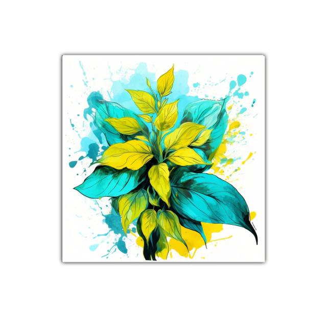 Cuadro decorativo hojas vibrantes en tonos amarillos y azules