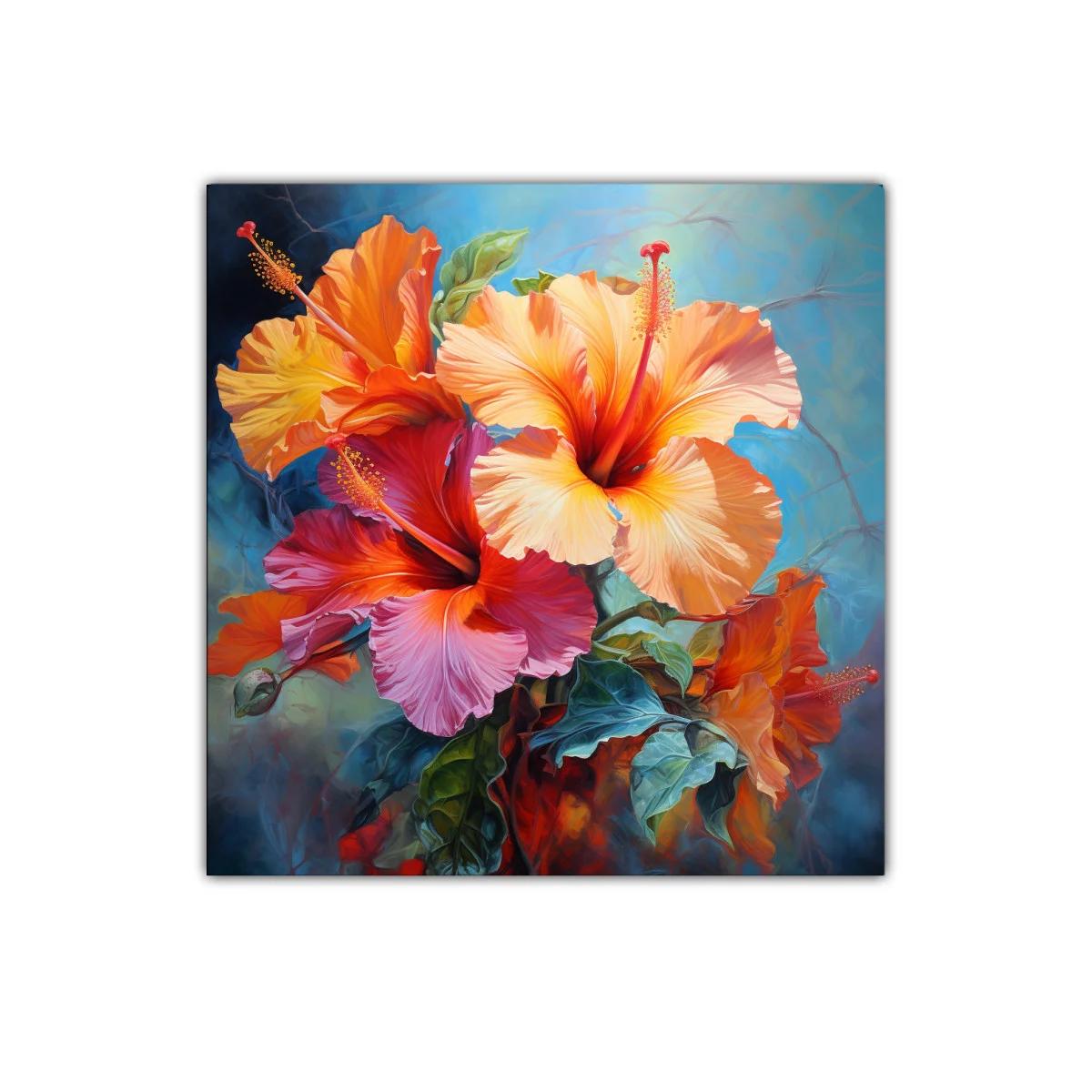 Colorido cuadro floral con hibiscos vibrantes sobre fondo azul — imagen principal