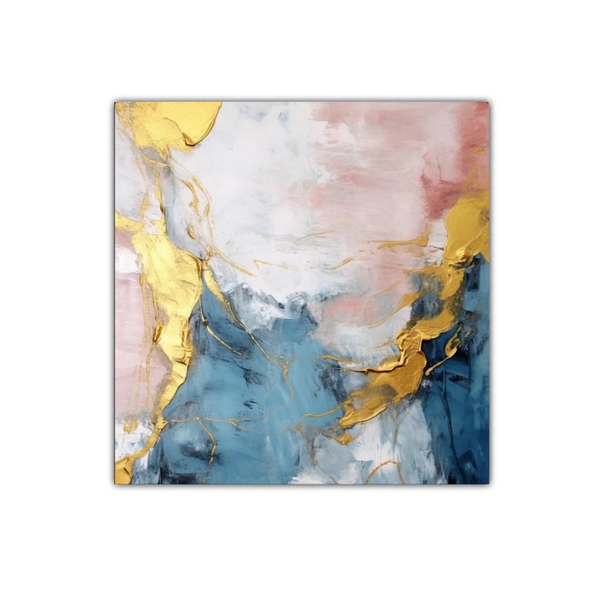 Cuadro abstracto con tonos dorados y azules suaves