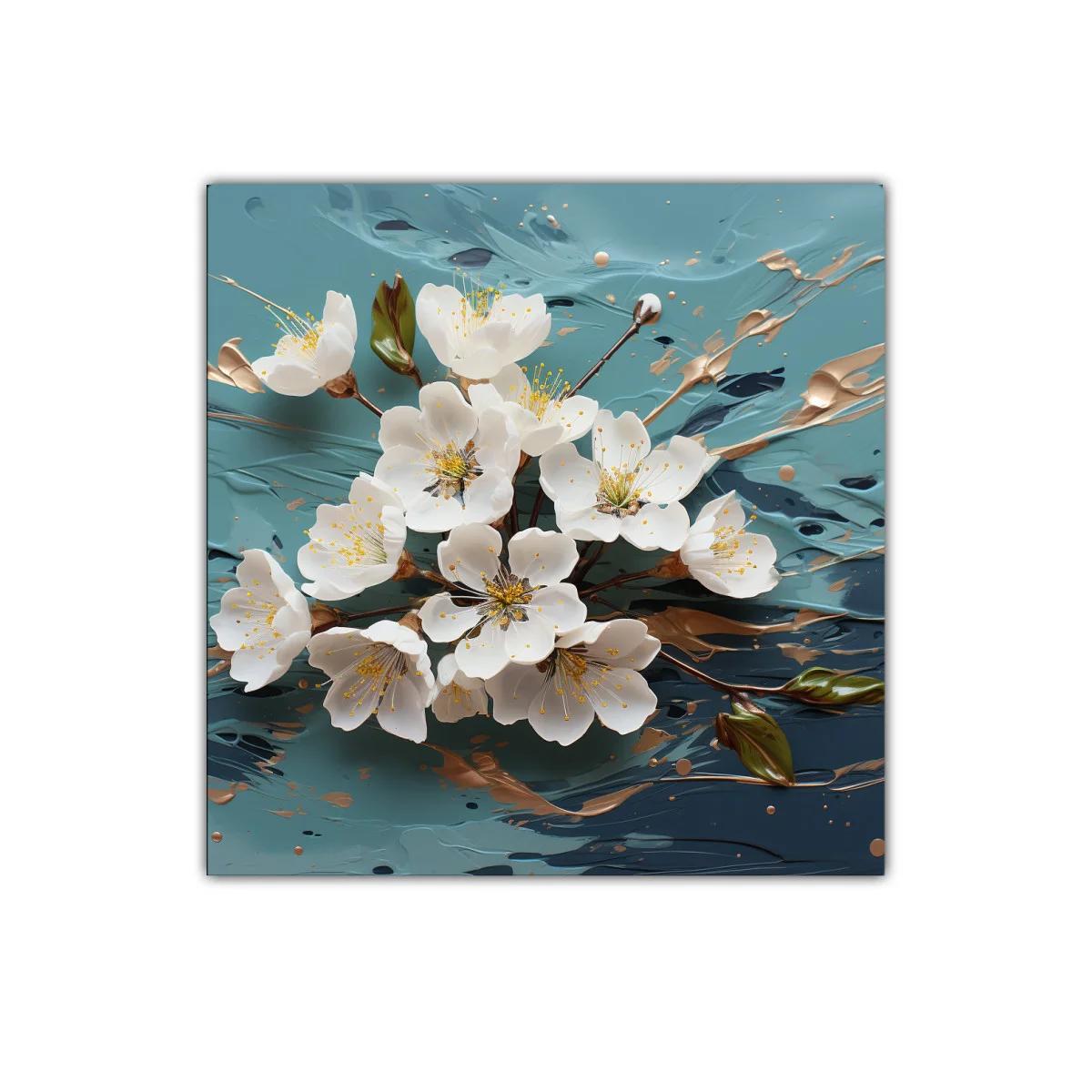 Cuadro decorativo flores blancas con fondo azul y dorado — imagen principal