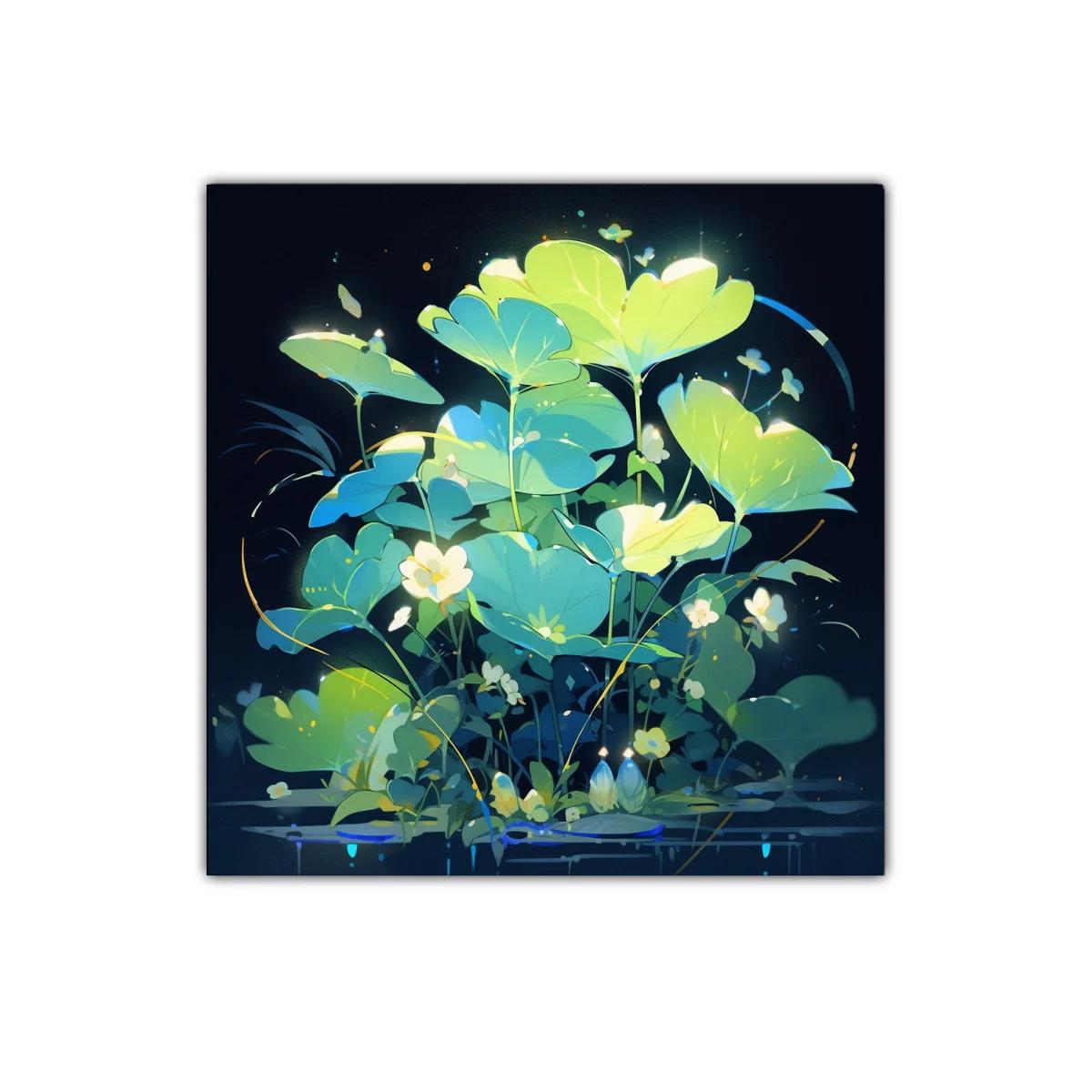 Cuadro con delicadas hojas y flores iluminadas de tonos verdes — imagen principal