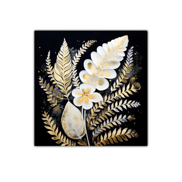 Elegancia botánica en tonos dorados y blancos sobre fondo negro