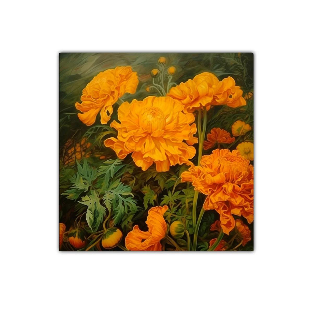 Cuadro con vibrantes flores naranjas y hojas verdes — imagen principal