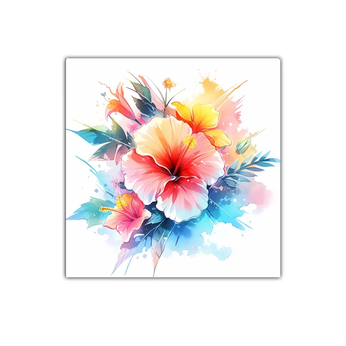 Cuadro floral con hibiscos vibrantes y hojas coloridas — imagen principal