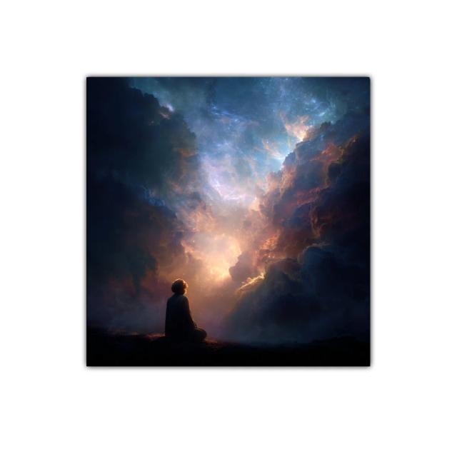 Meditación bajo un cielo estrellado lleno de luz celestial