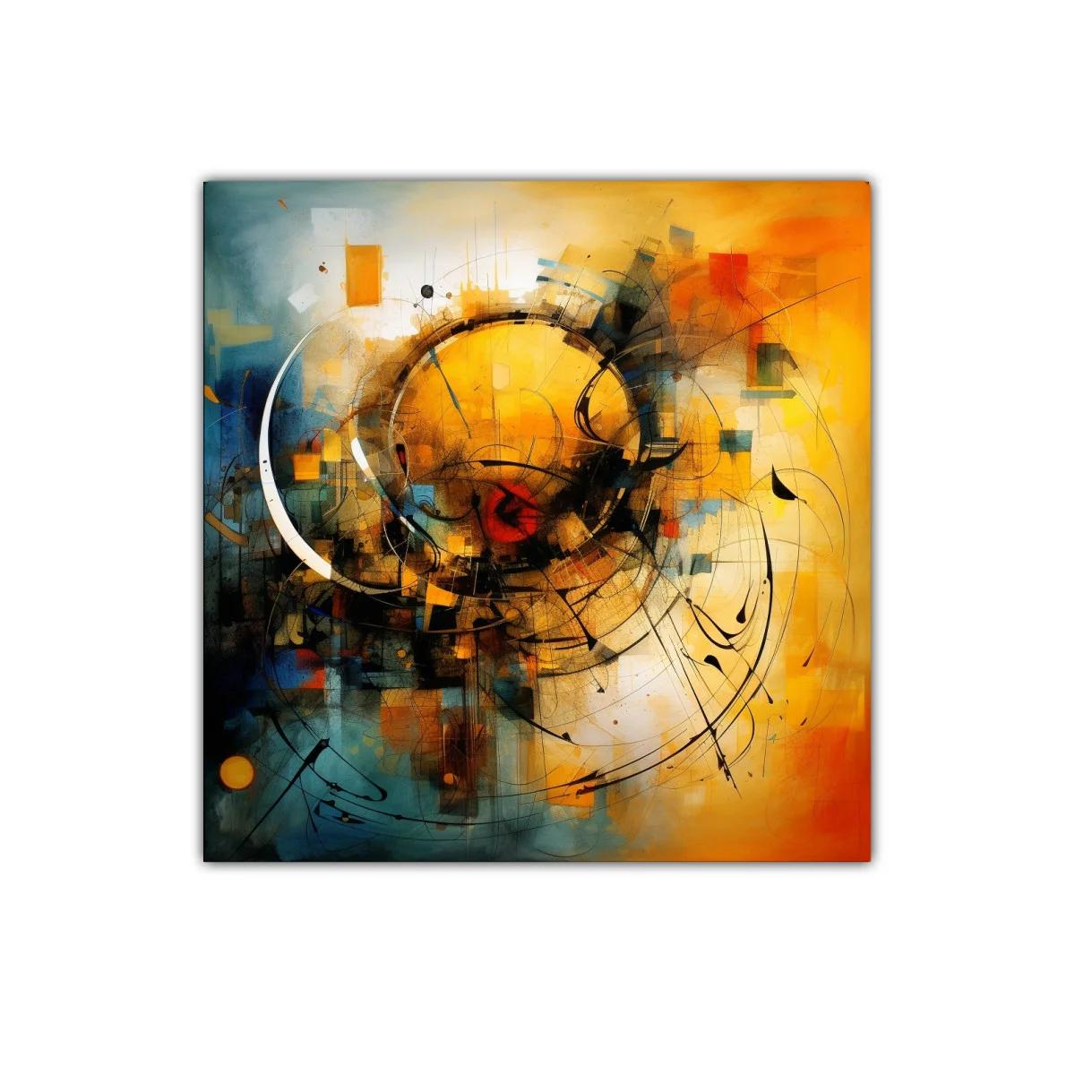 Cuadro abstracto con formas circulares y tonos cálidos y fríos