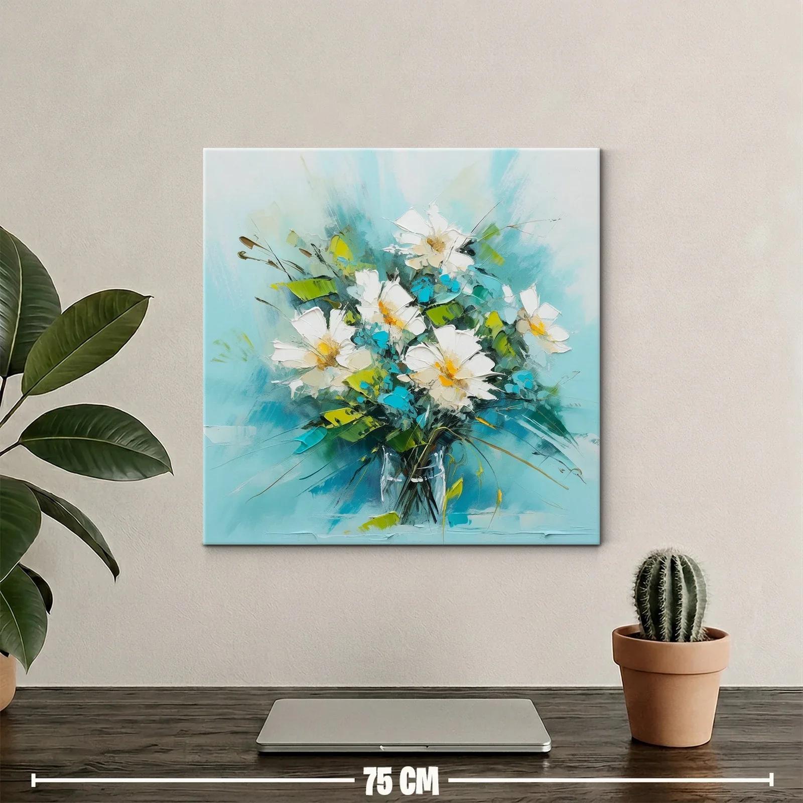 Cuadro de flores blancas con brillo turquesa y verde — miniatura 2