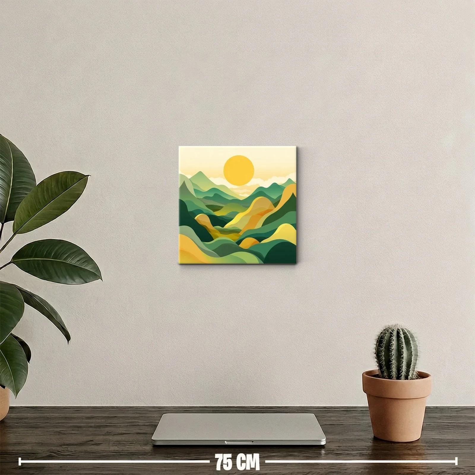 Paisaje abstracto con montañas y sol amarillo vibrante — miniatura 2