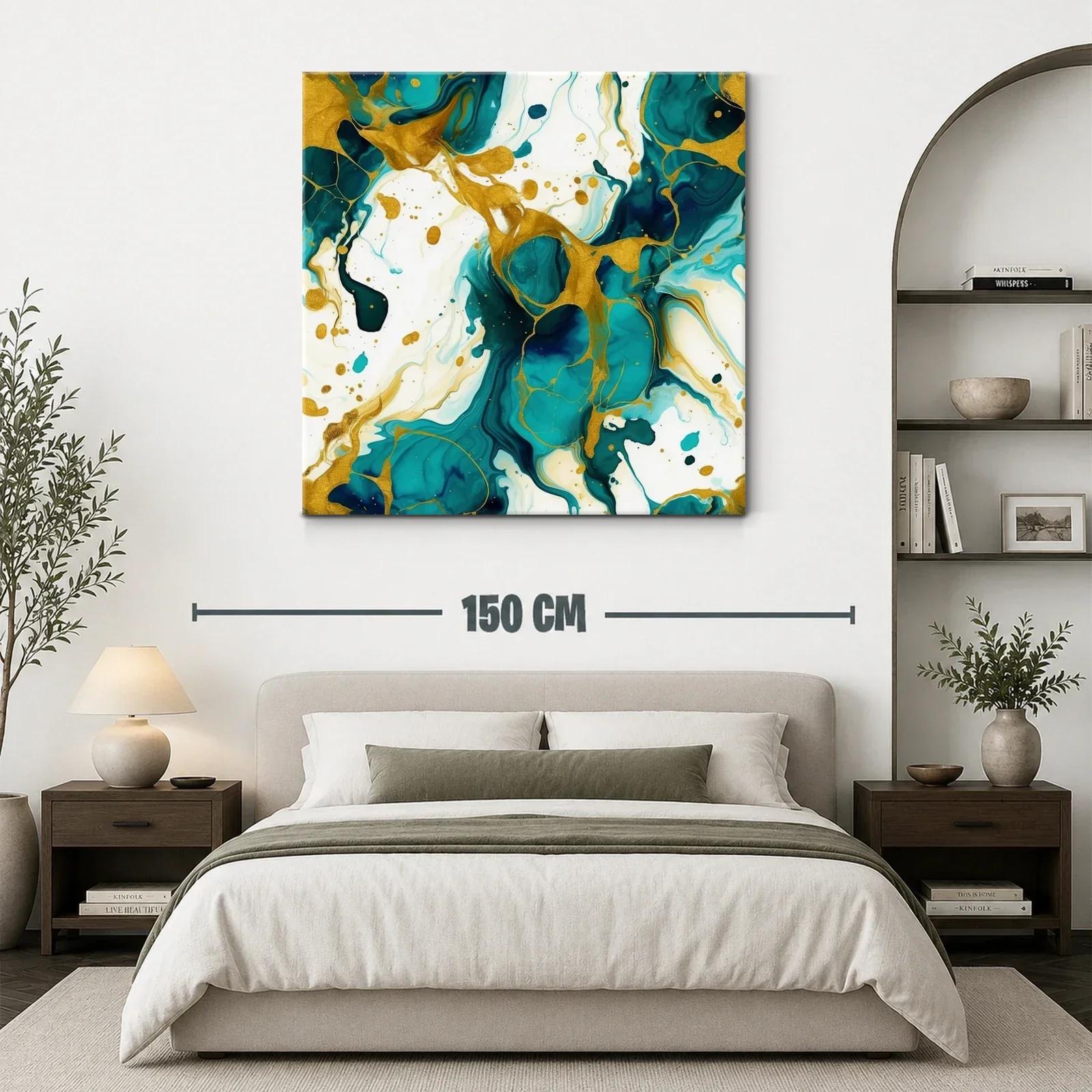 Cuadro abstracto con tonos turquesa y dorados vibrantes — miniatura 3