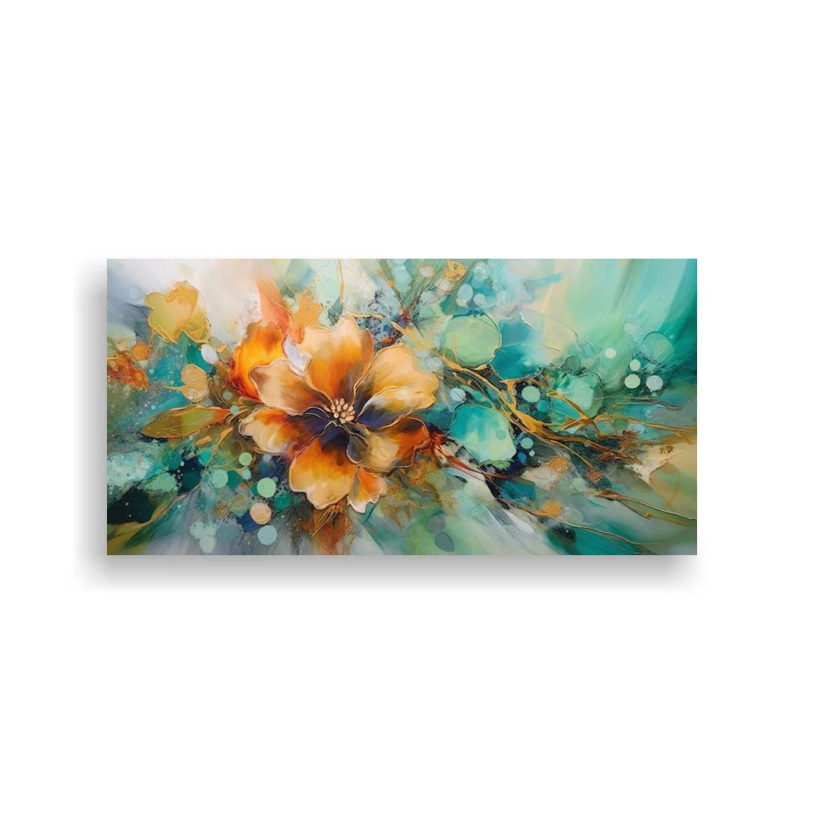 Cuadro flor anaranjada con ramas fluidas y fondo turquesa
