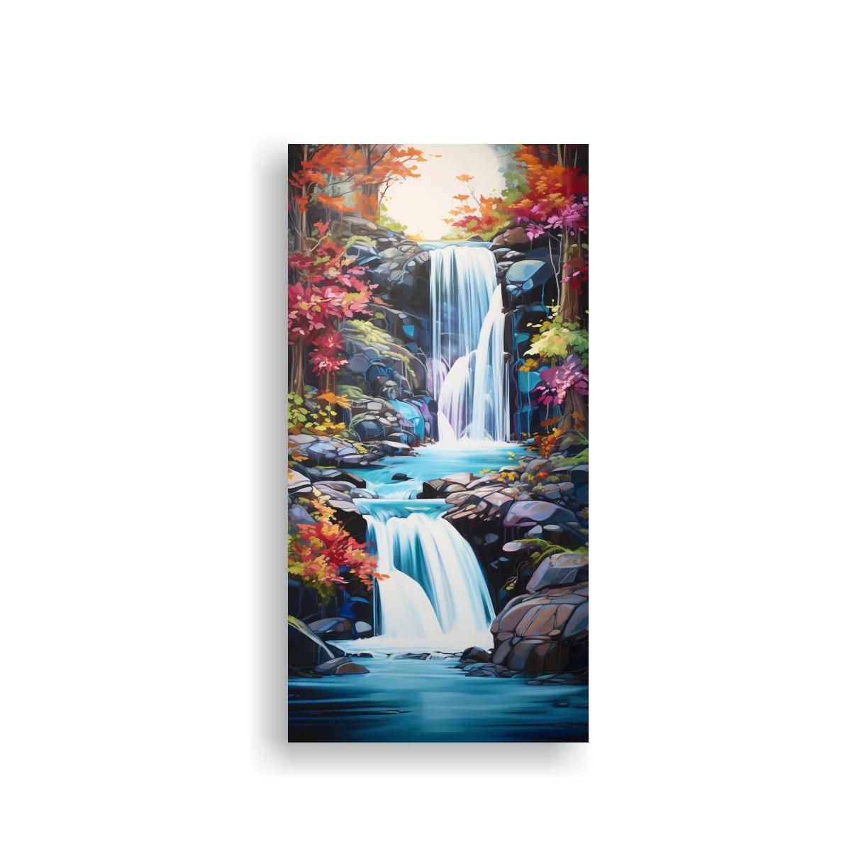 Cuadro cascada de varios saltos entre rocas y follaje colorido — imagen principal