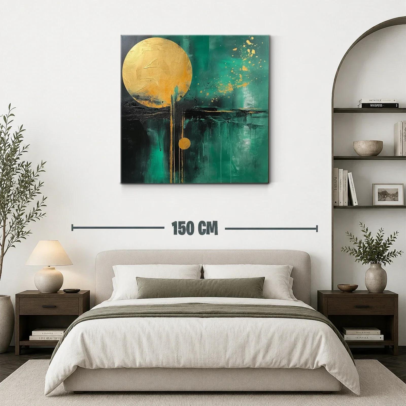 Cuadro abstracto con círculos dorados y fondo verde intenso — miniatura 3