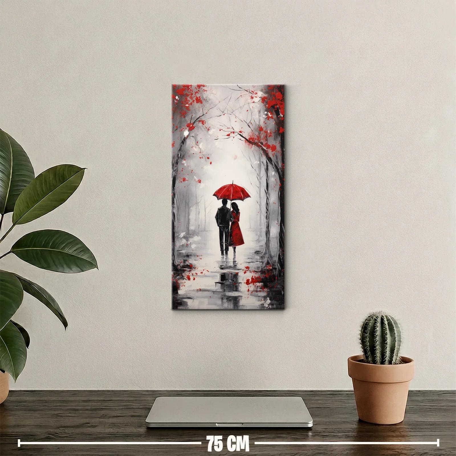 Cuadro pareja bajo un paraguas rojo en camino mojado — miniatura 2