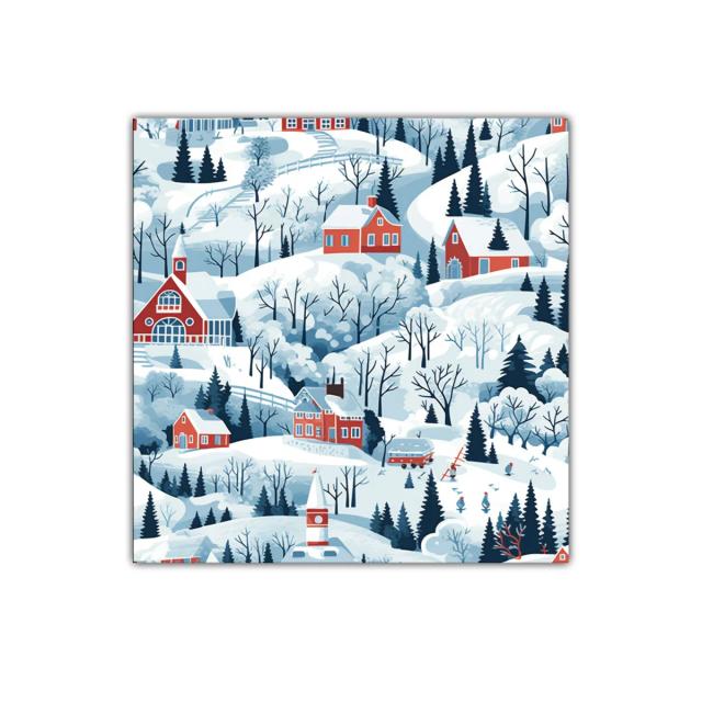 Paisaje invernal con casas rojas en colinas nevadas