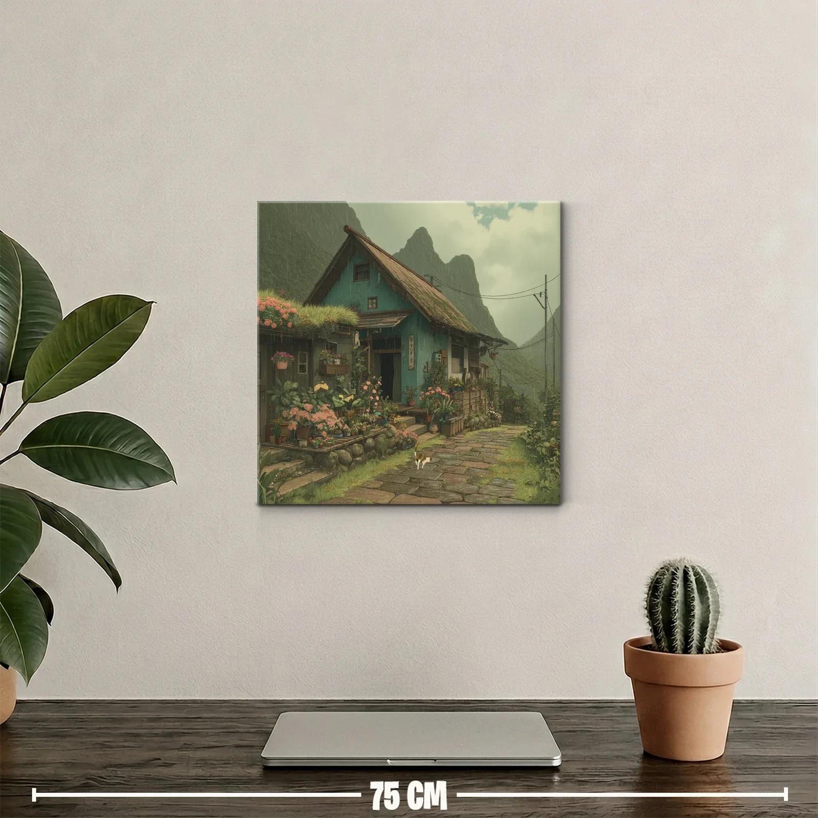 Paisaje rural con casa y jardín florido bajo lluvia suave — miniatura 2