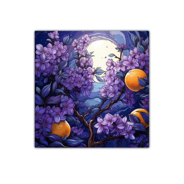 Flores violetas con luna llena y naranjas brillantes
