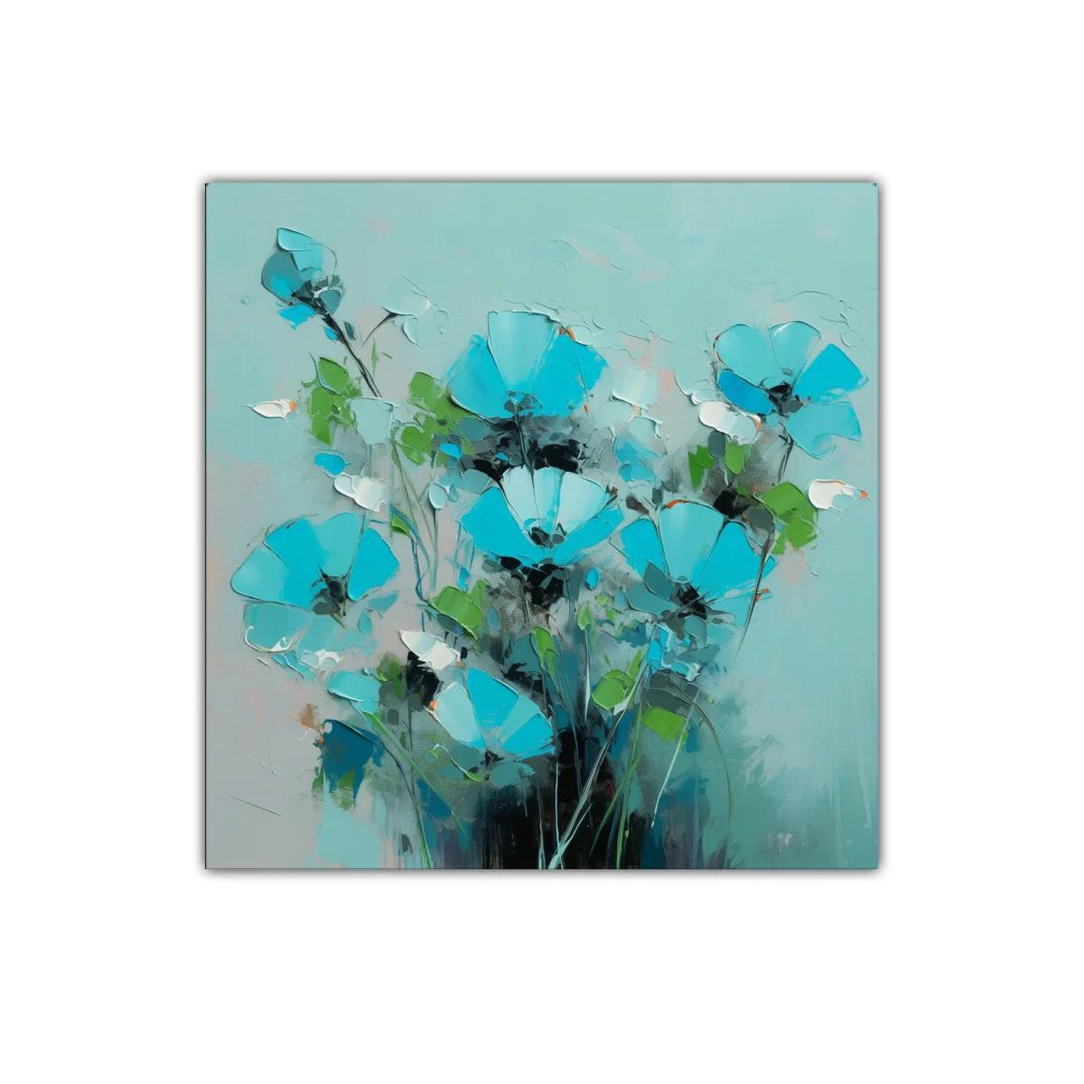 Cuadro decorativo con flores azules vibrantes y hojas verdes