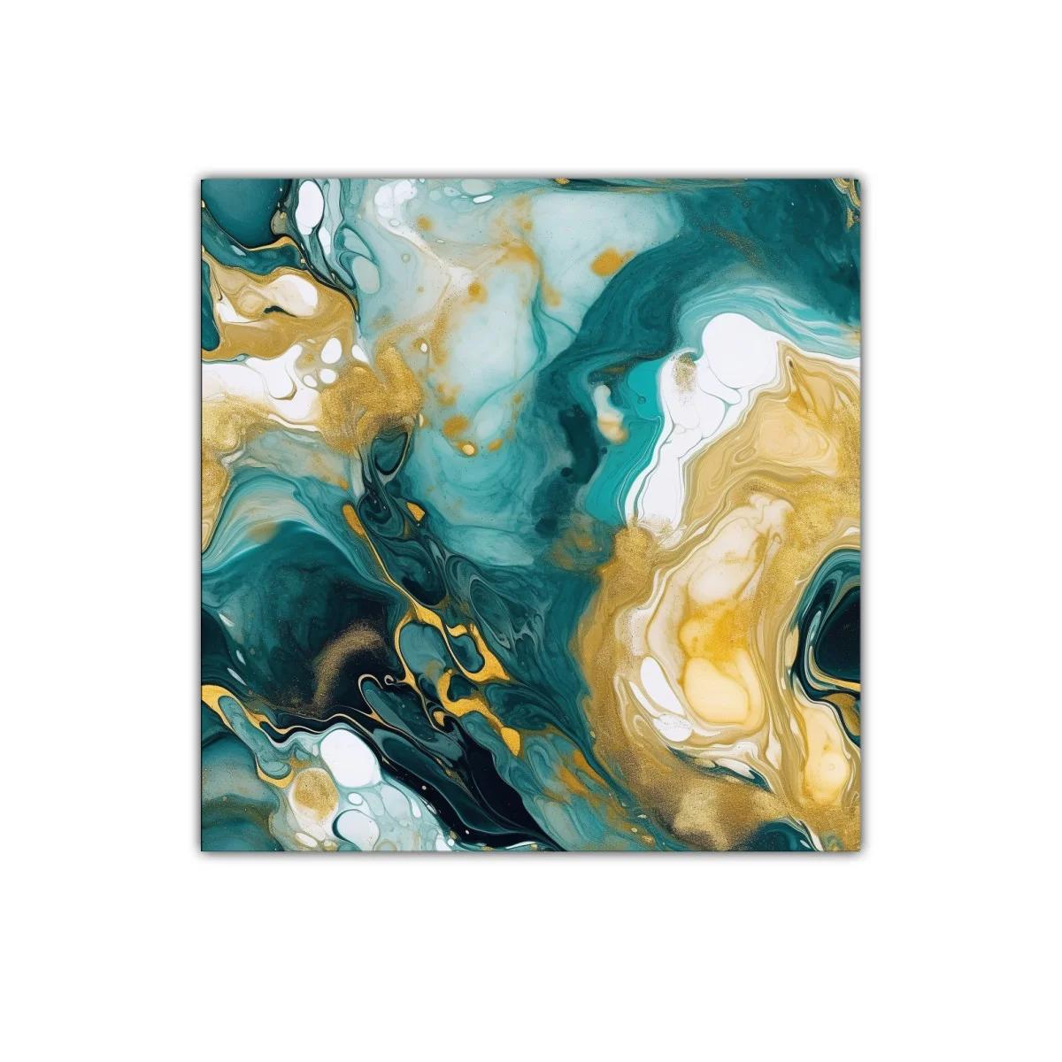 Cuadro Abstracto con Tonos Turquesa y Dorados para Decorar