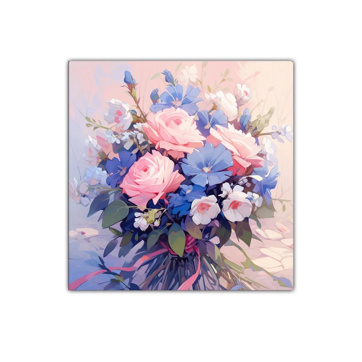 Ramo delicado de rosas rosadas y flores azules frescas — imagen principal
