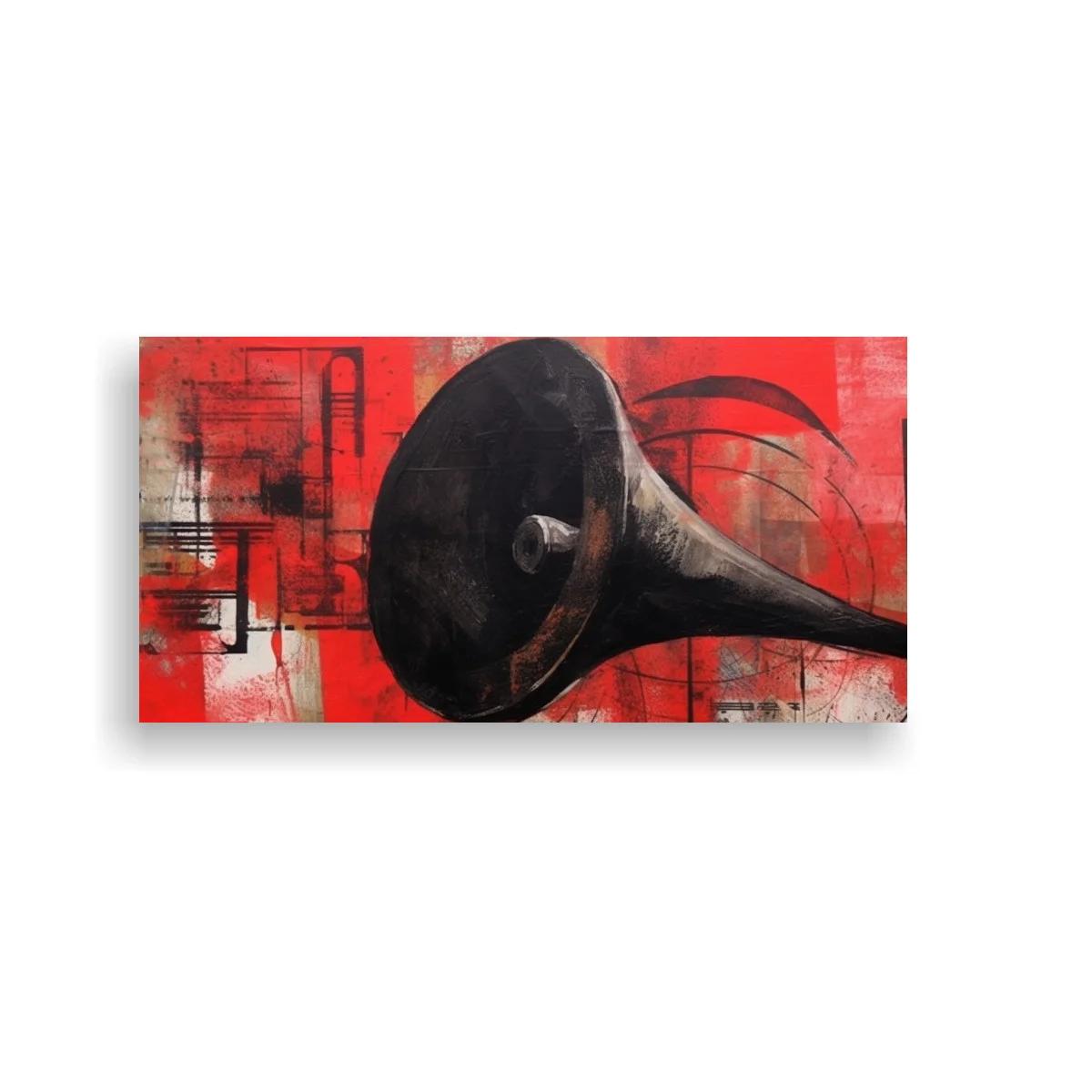 Cuadro gramófono con bocina negra y fondo rojo intenso