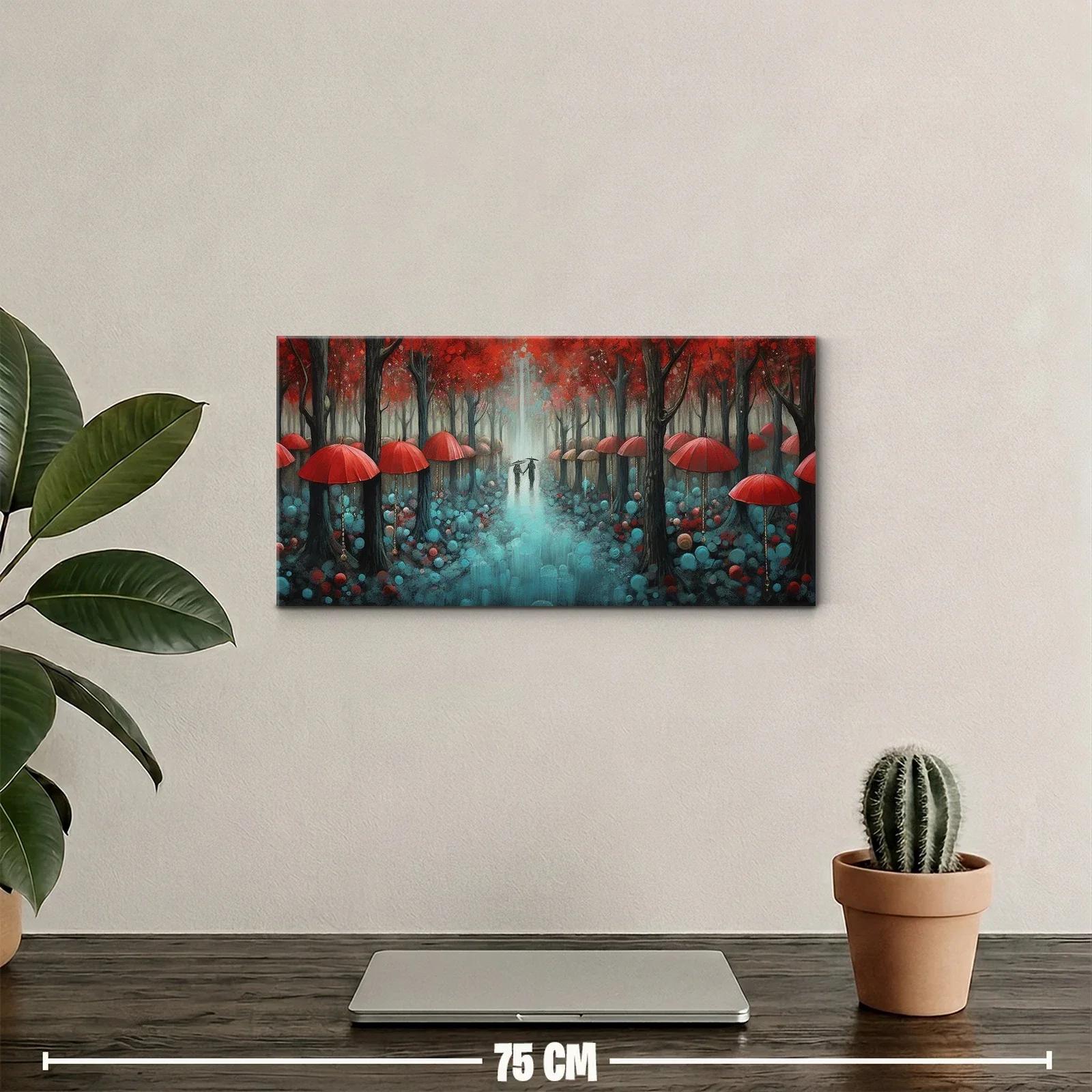 Cuadro bosque con paraguas rojos y sendero entre niebla — miniatura 2
