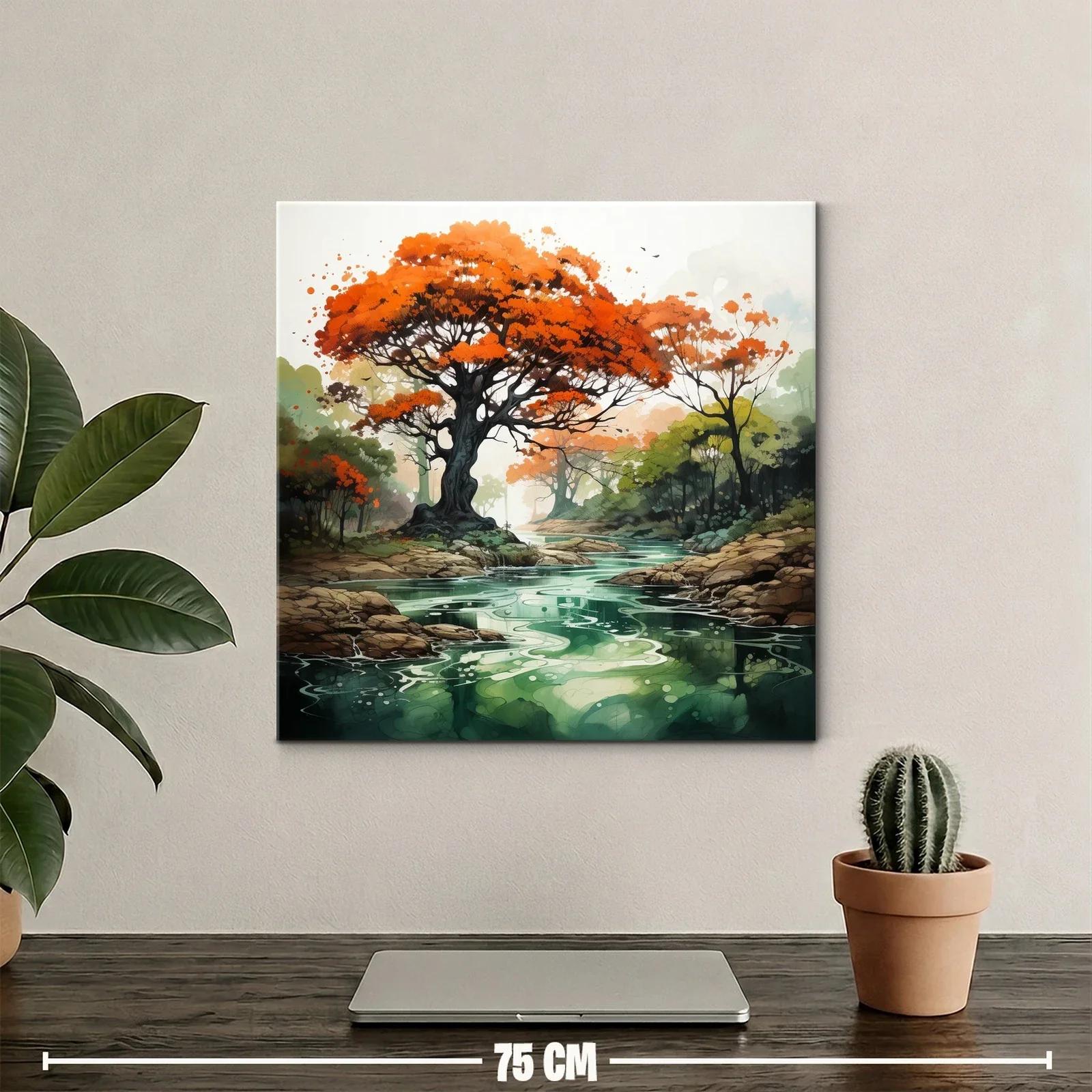 Árbol con follaje rojo sobre río sereno en paisaje natural — miniatura 2
