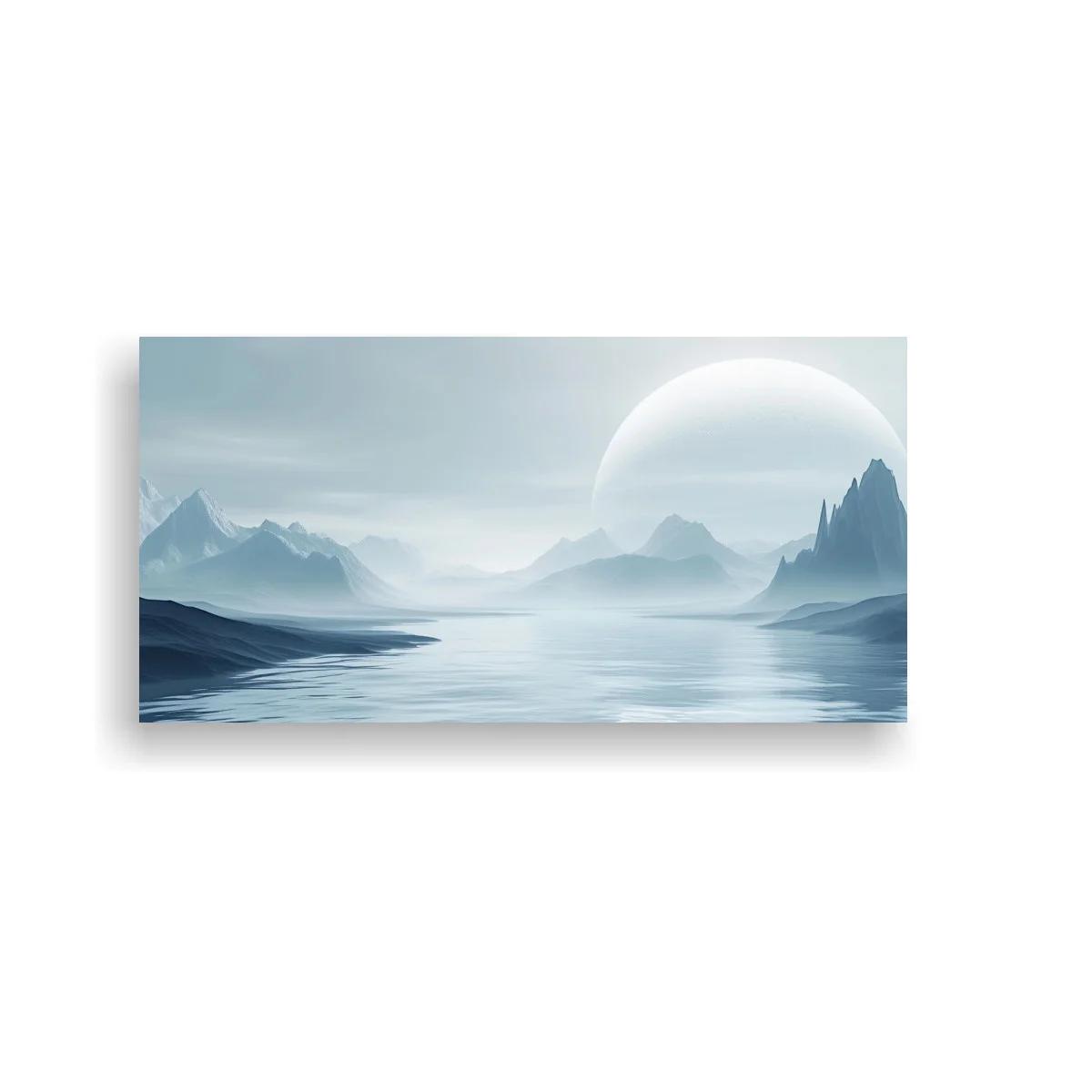 Cuadro paisaje montañoso con luna y agua serena
