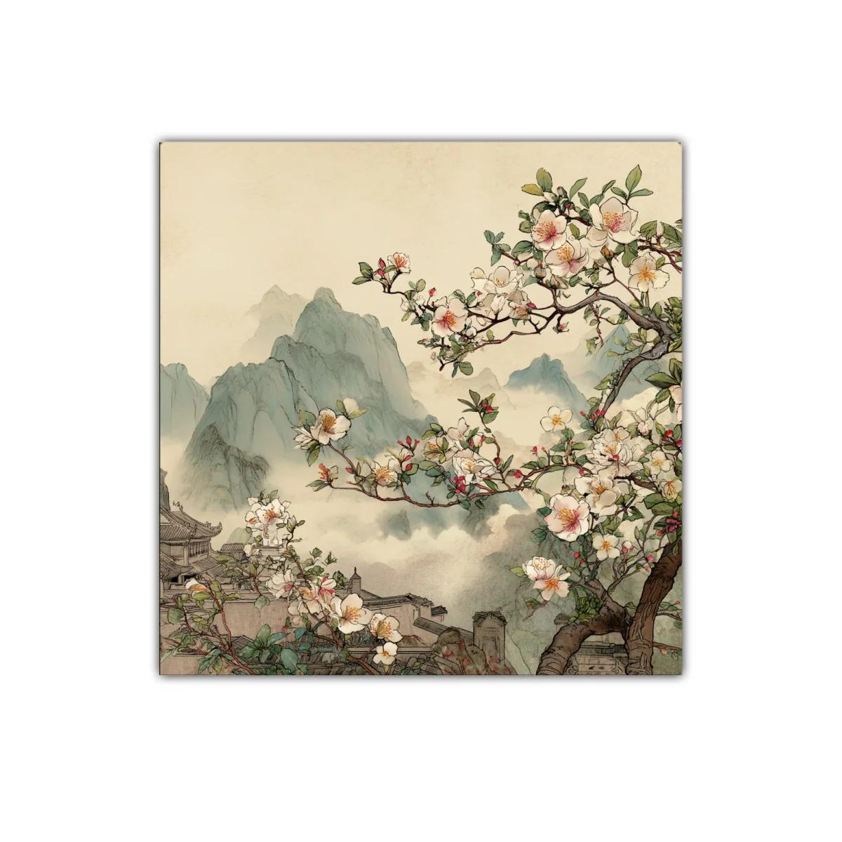 Paisaje oriental con flores de cerezo y montañas brumosas — imagen principal
