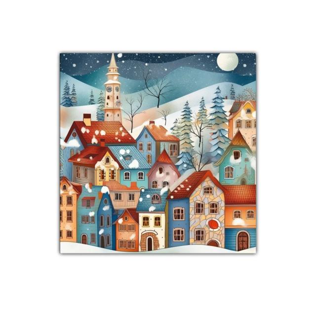 Pintoresco pueblo nevado bajo luna llena