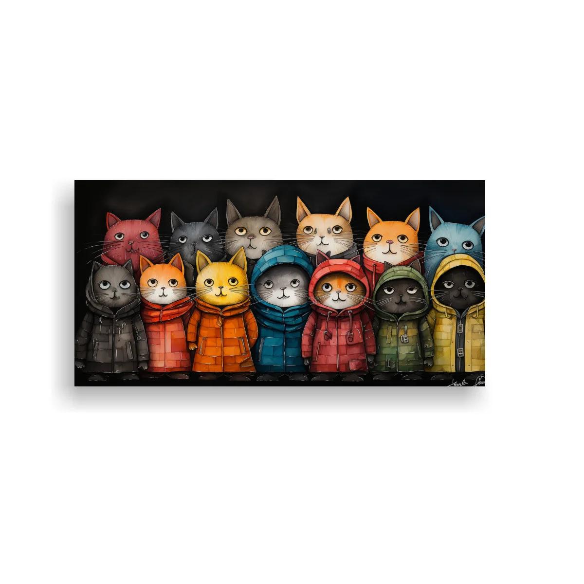 Cuadro grupo de gatos con sudaderas y fila horizontal