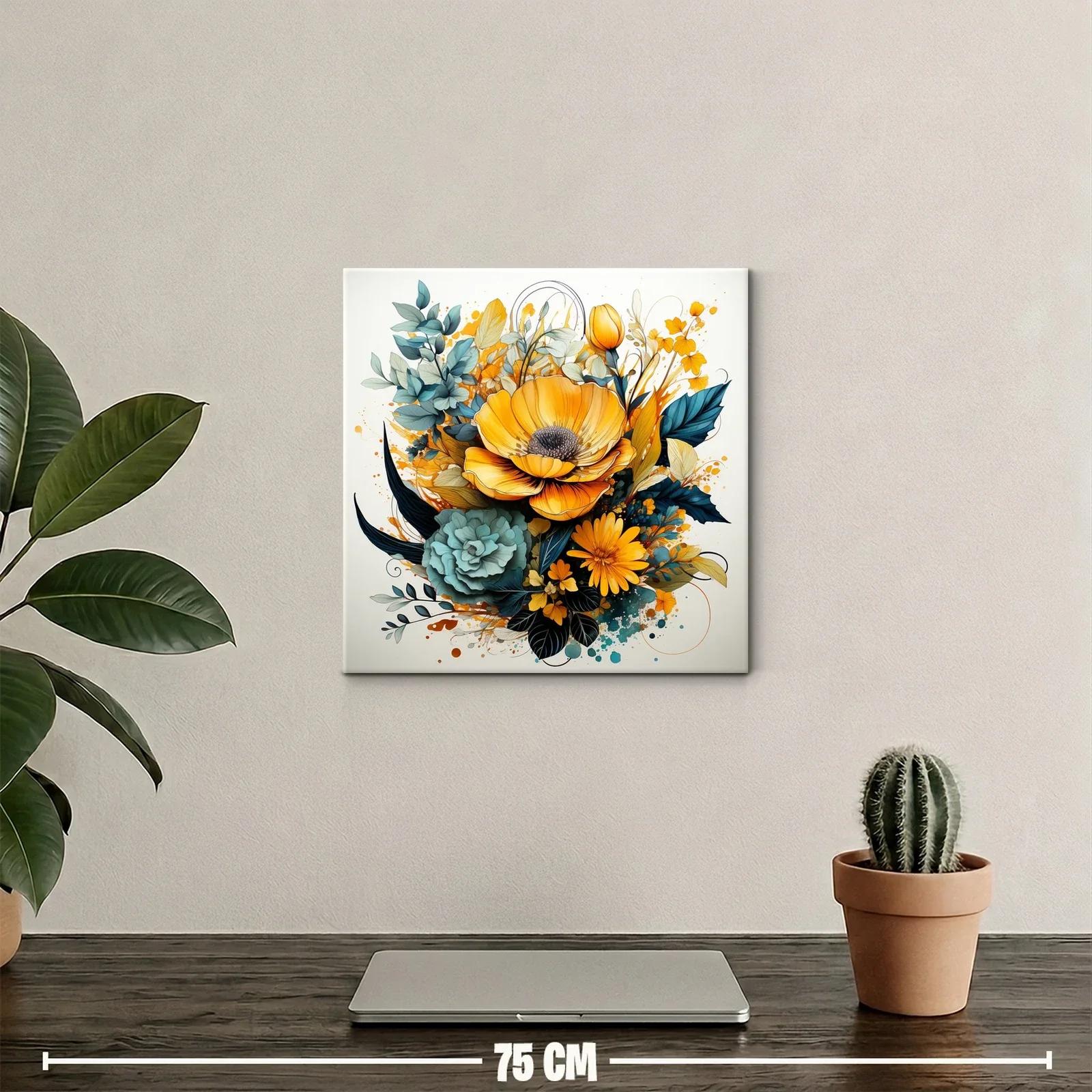 Cuadro floral vibrante con tonos amarillos y verdes azules — miniatura 2