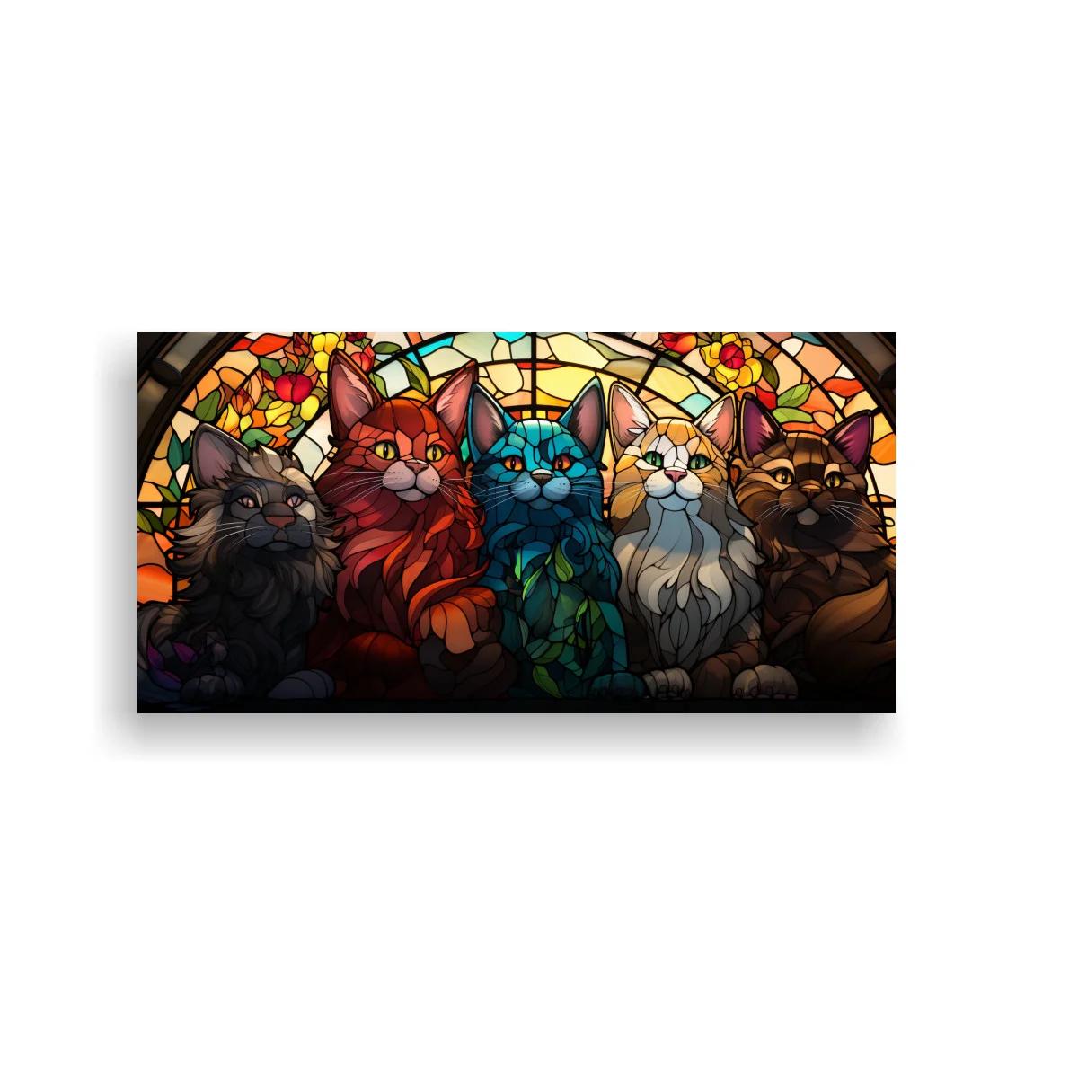 Cuadro cinco gatos bajo un arco de vidriera