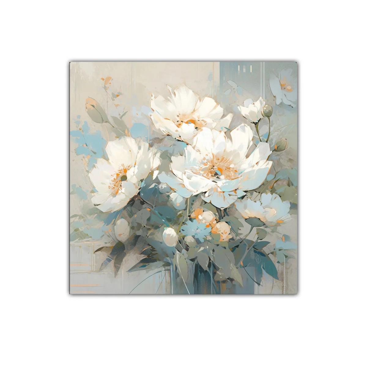 Cuadro con flores blancas y tonos suaves azules y beige