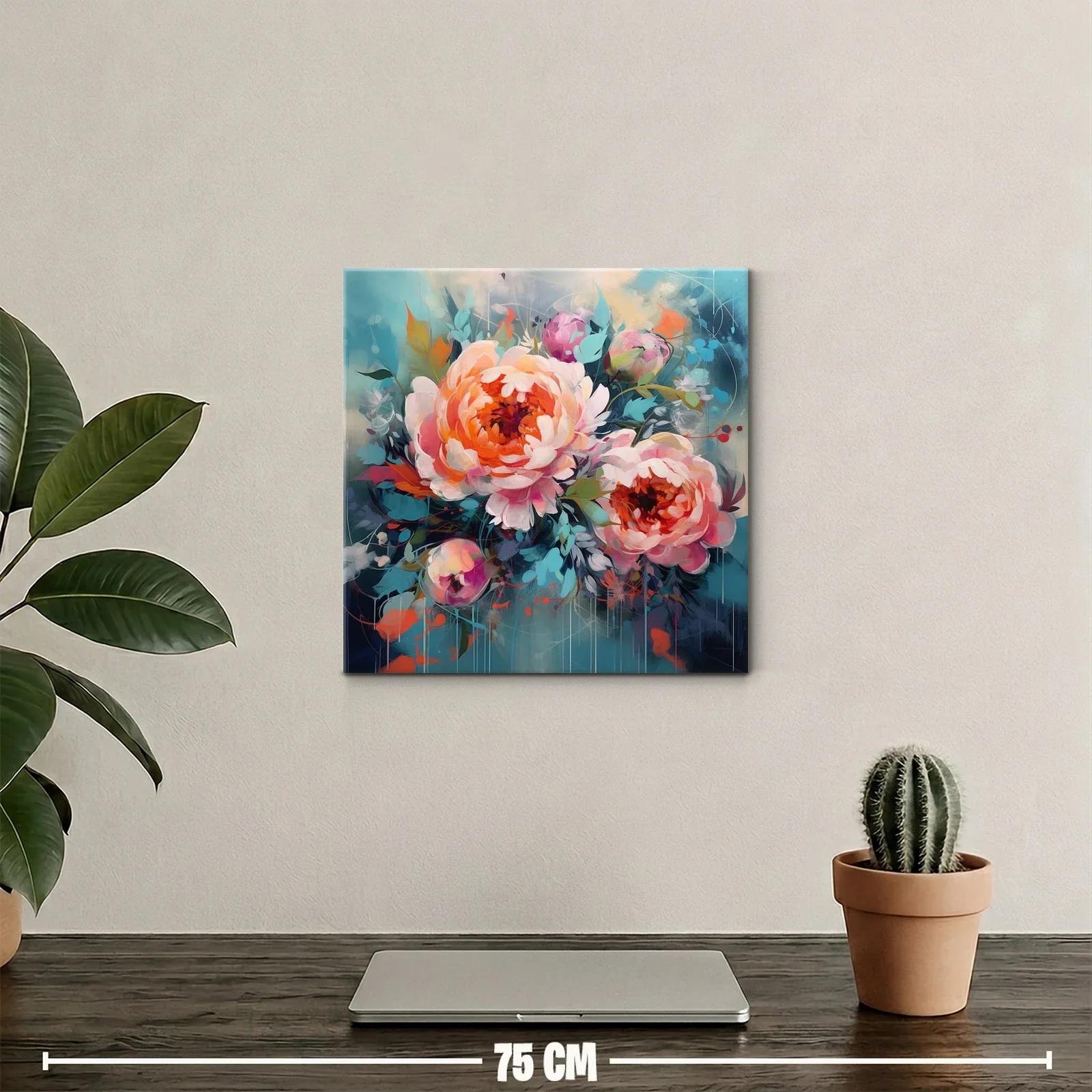 Cuadro floral con vibrantes peonías en tonos cálidos y fríos — miniatura 2