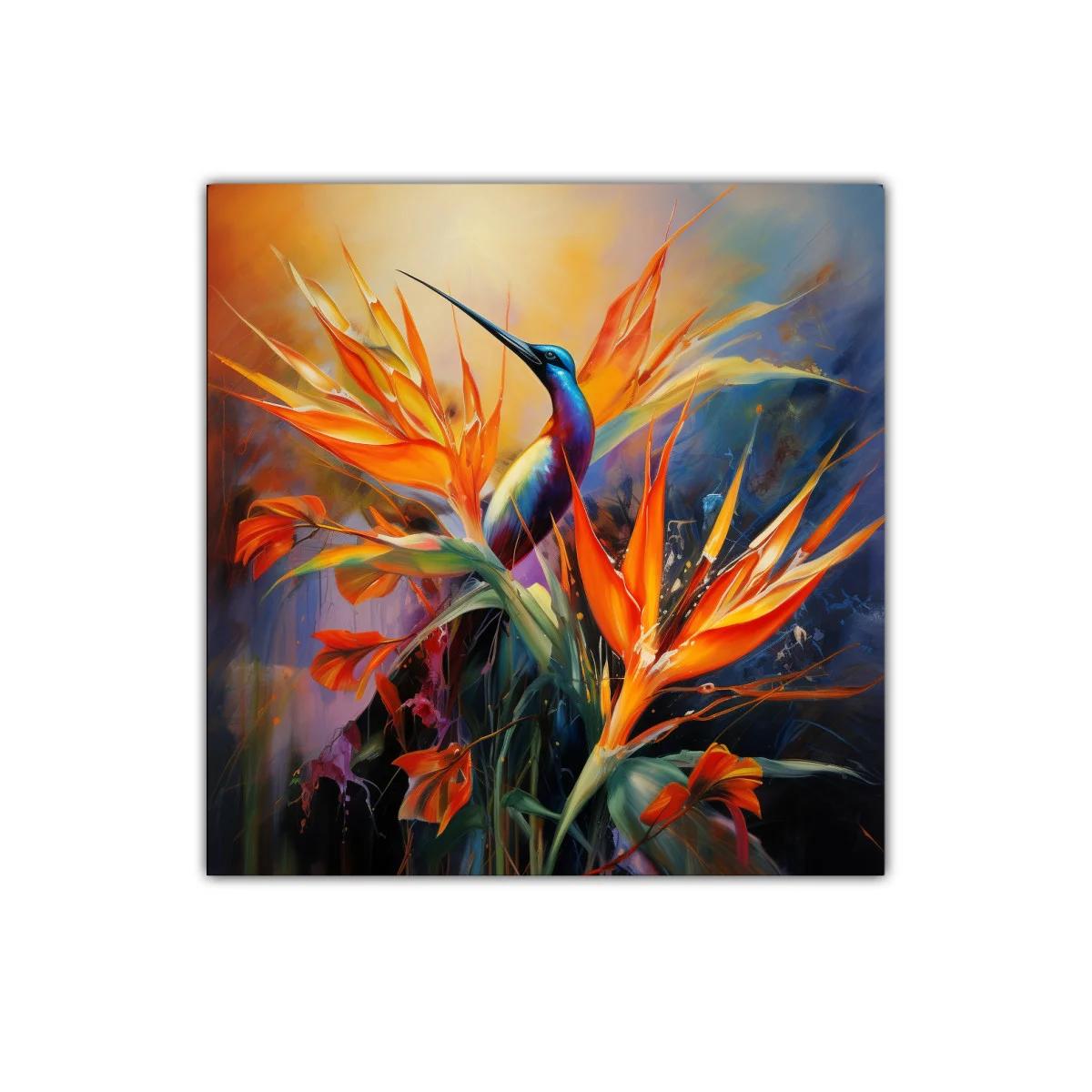 Vibrante cuadro con ave y flores tropicales en tonos cálidos — imagen principal