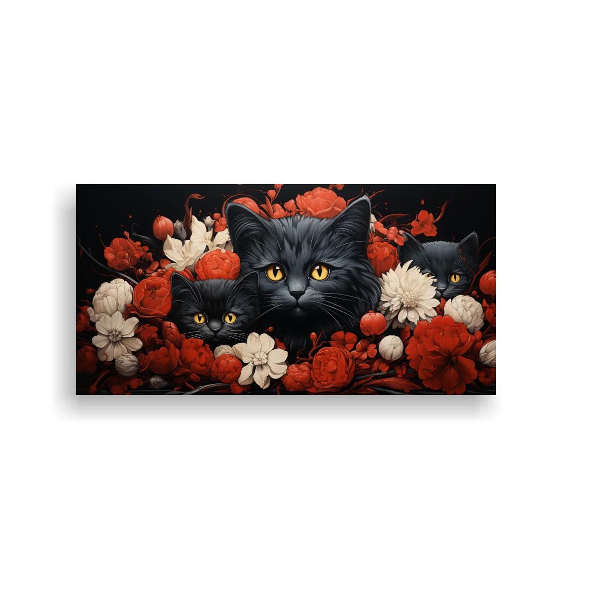 Cuadro tres gatos negros entre flores rojas y blancas