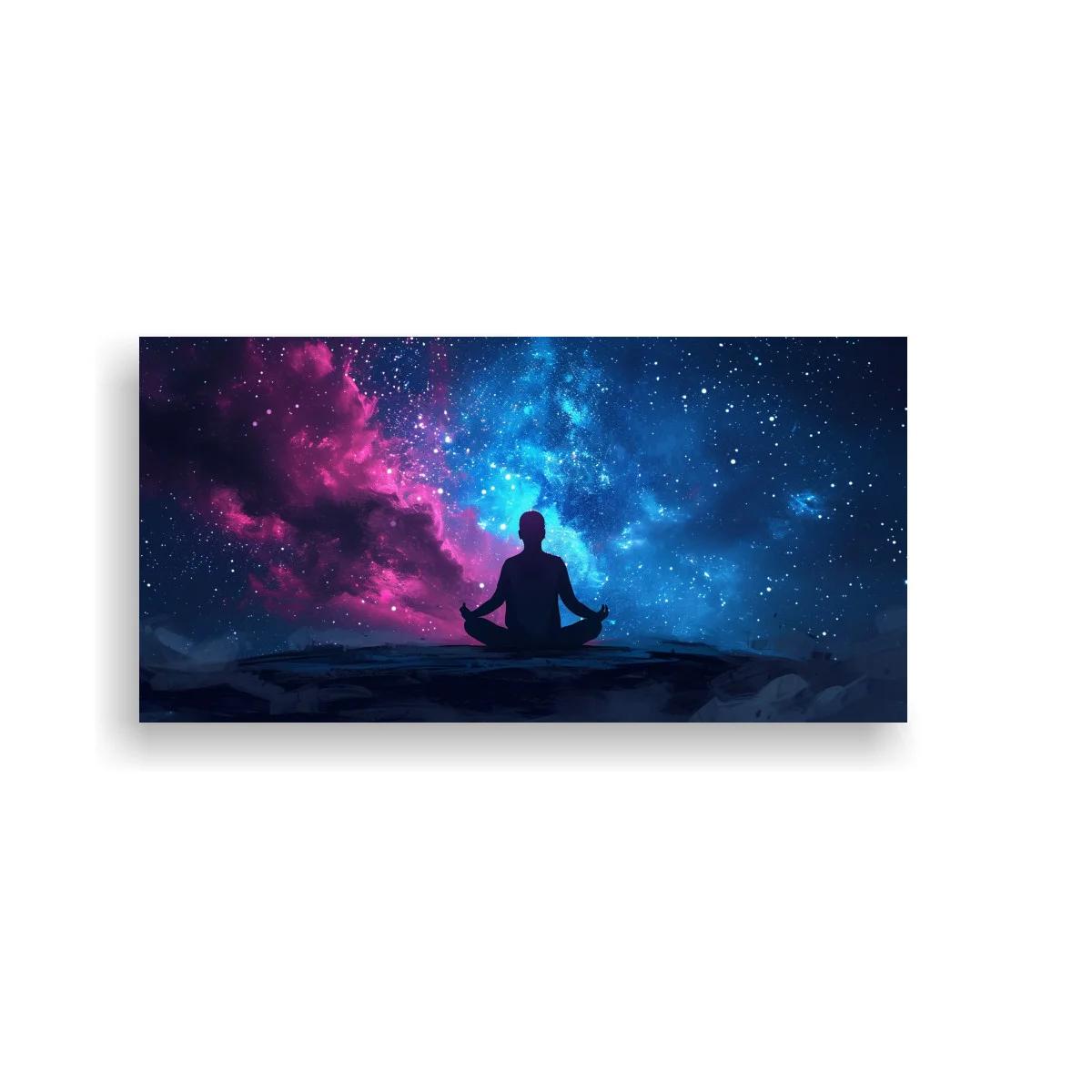 Cuadro silueta de persona meditando bajo cielo galáctico rosa y azul