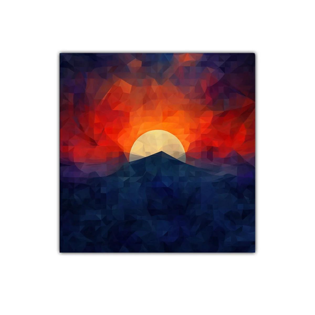 Atardecer geométrico con montaña y sol brillante — imagen principal