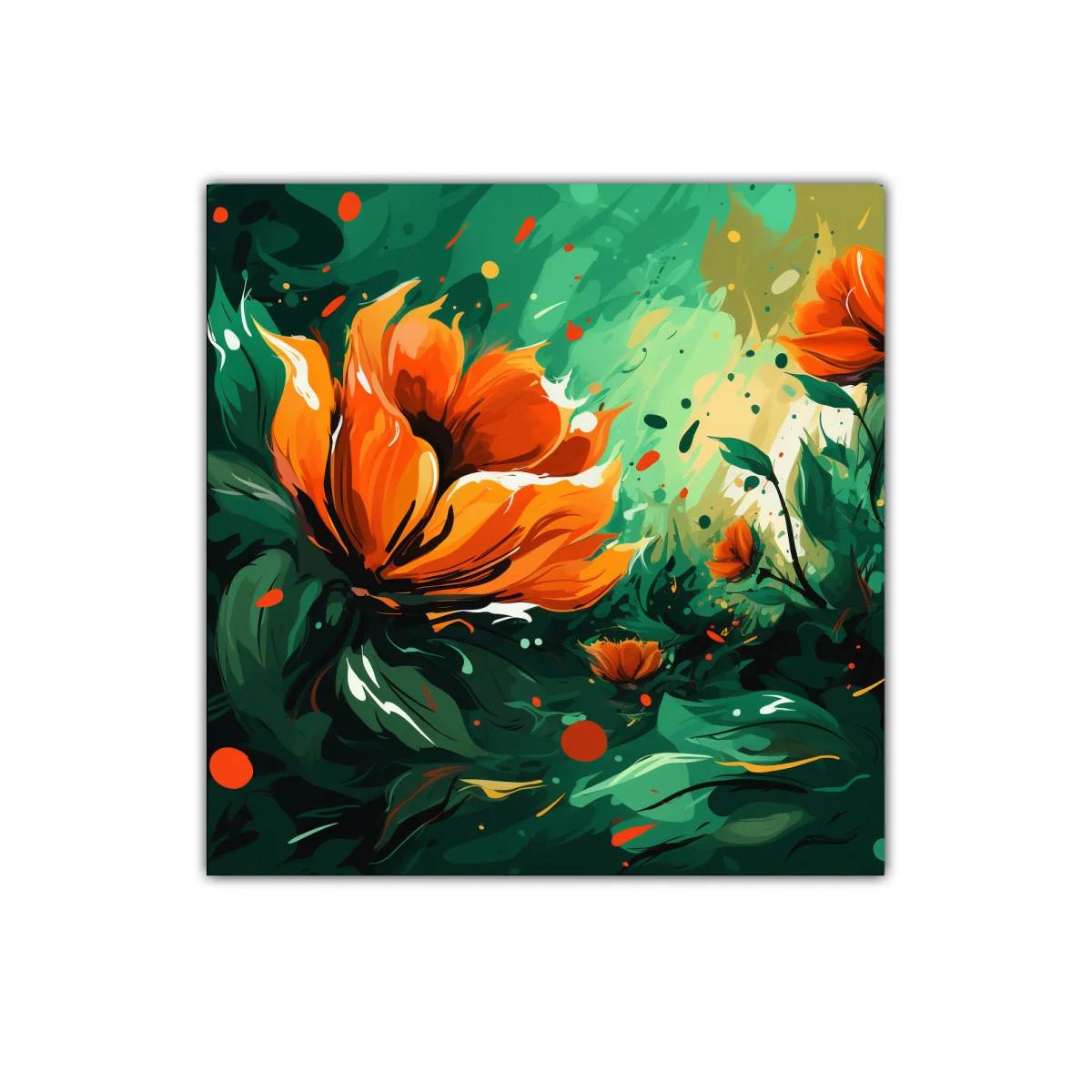 Cuadro decorativo con flores naranja vibrante y fondo verde — imagen principal