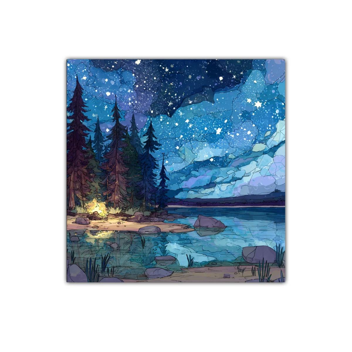 Paisaje nocturno estrellado con lago y bosque encantado — miniatura 1