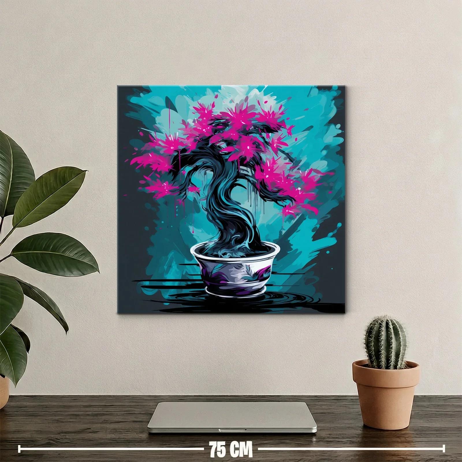 Árbol bonsái vibrante con flores fucsias sobre fondo azul — miniatura 2