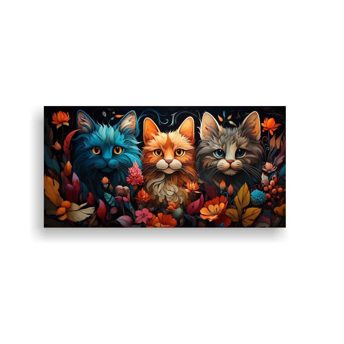 Cuadro tres gatos entre flores y bayas