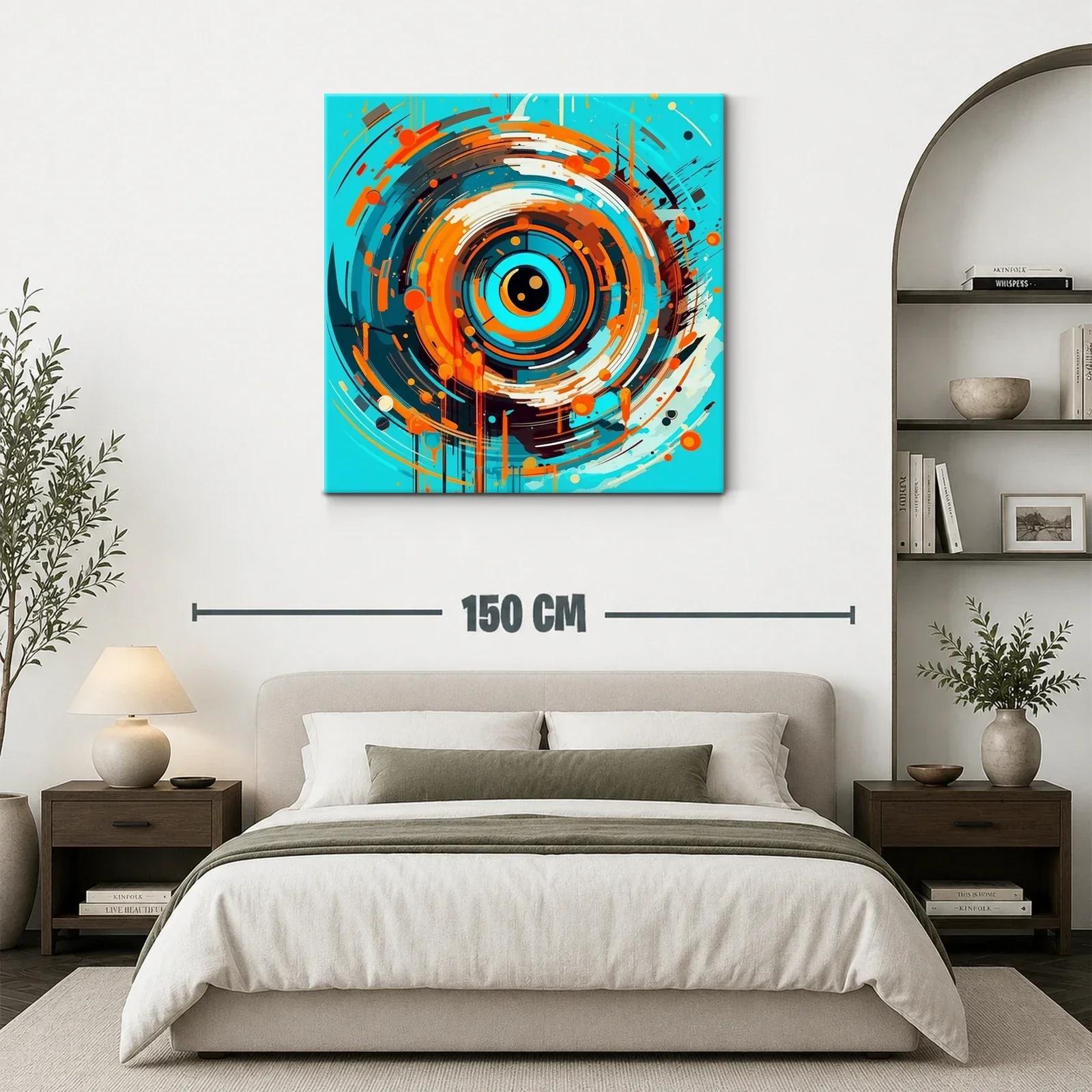 Cuadro abstracto con espiral dinámica en tonos azul y naranja — miniatura 3