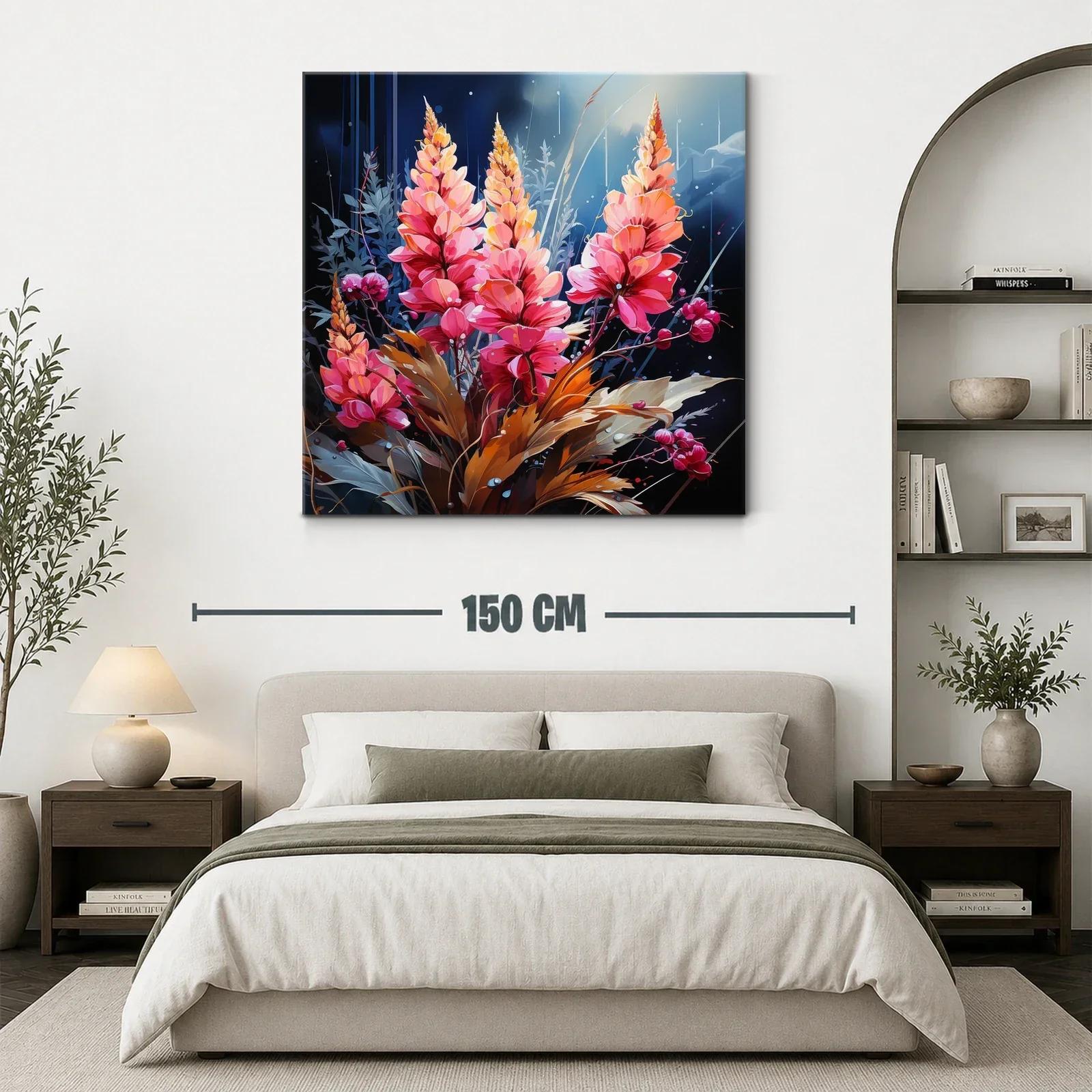 Cuadro floral vibrante con tonos cálidos y azul profundo — miniatura 3