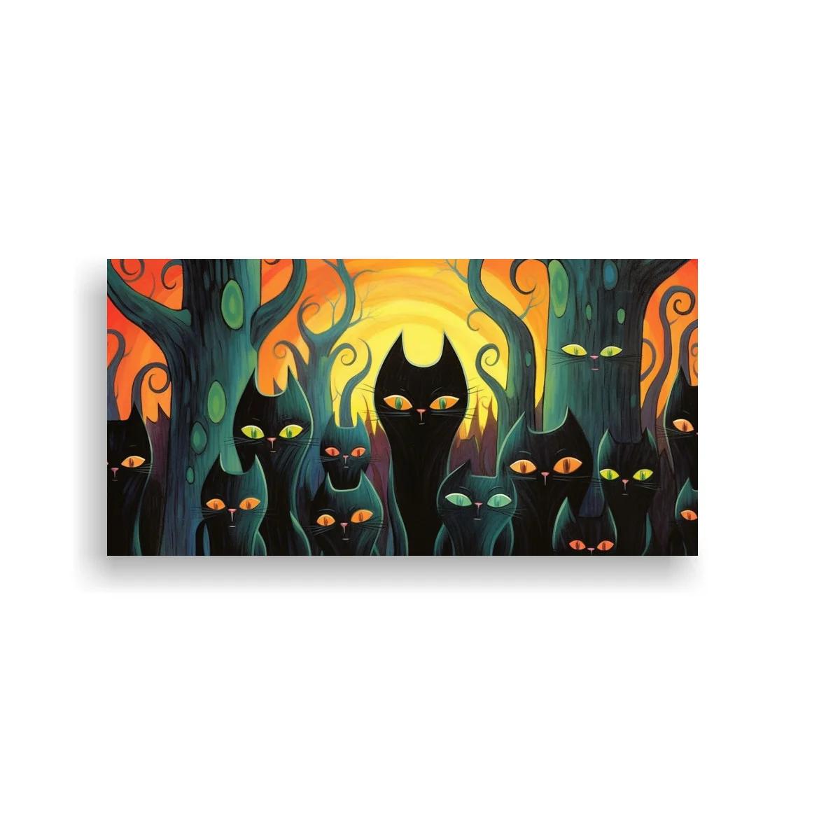 Cuadro gatos negros con luna llena luminosa