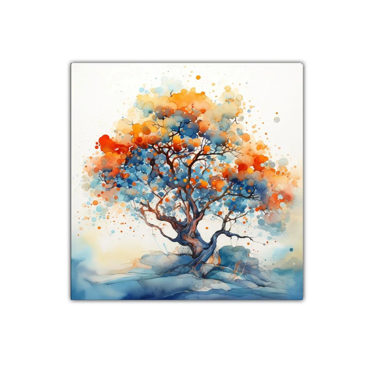 Árbol vibrante con tonos cálidos y fríos en armonía visual