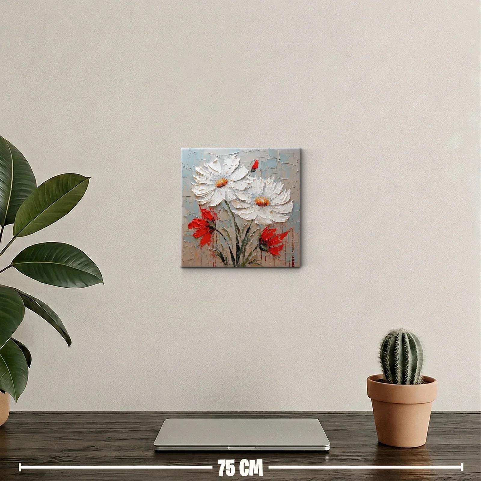Cuadro floral en relieve con margaritas blancas y acentos rojos — miniatura 2