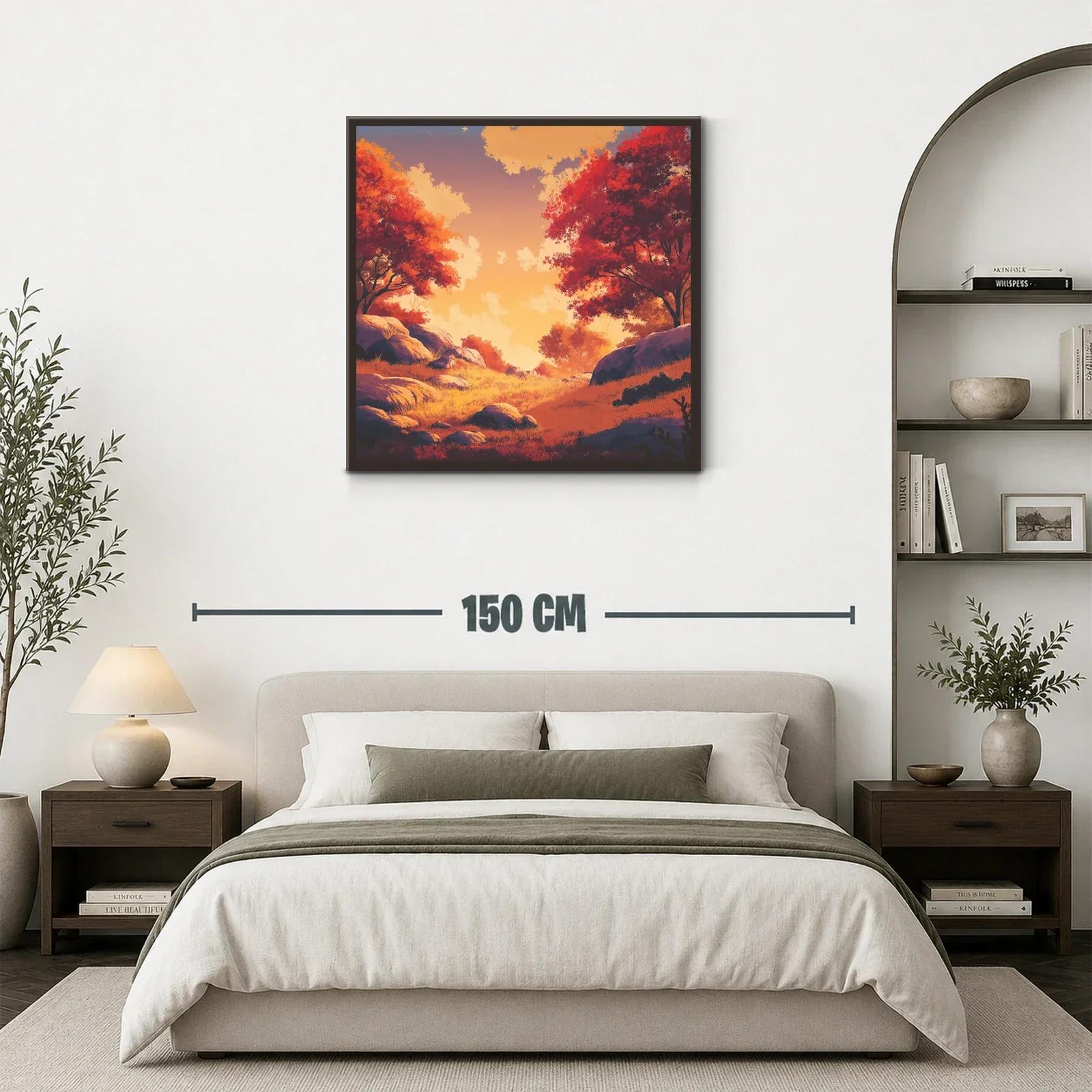 Paisaje otoñal con luz cálida y árboles rojos intensos — miniatura 3