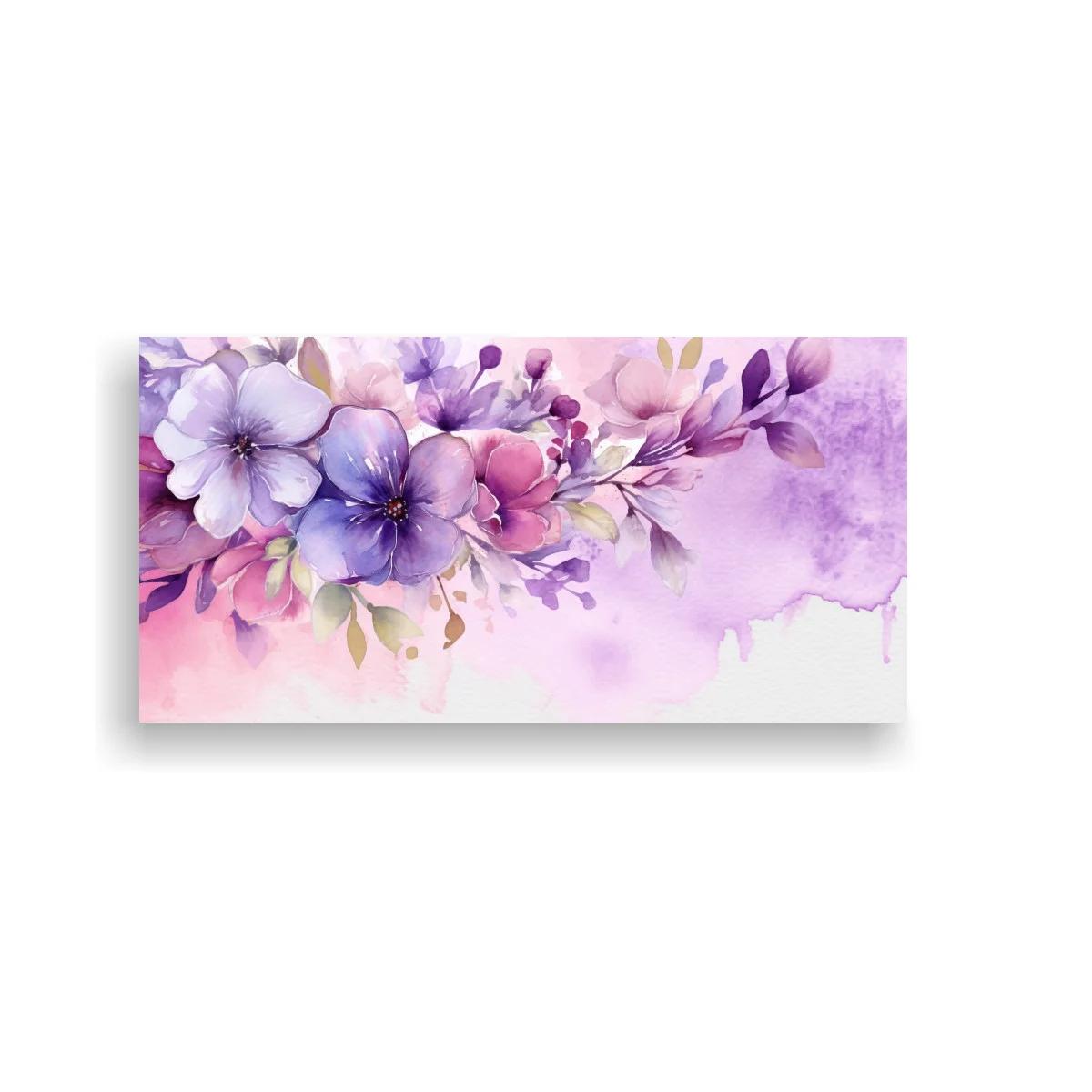 Cuadro ramo de flores moradas y rosadas en acuarela